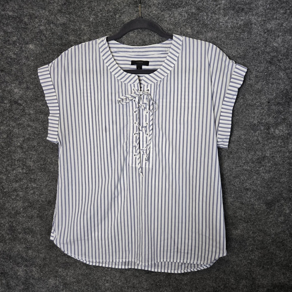 J Crew Top Womens 8 Blue White Stripe Cotton Lace Up Short Sleeve Breezy